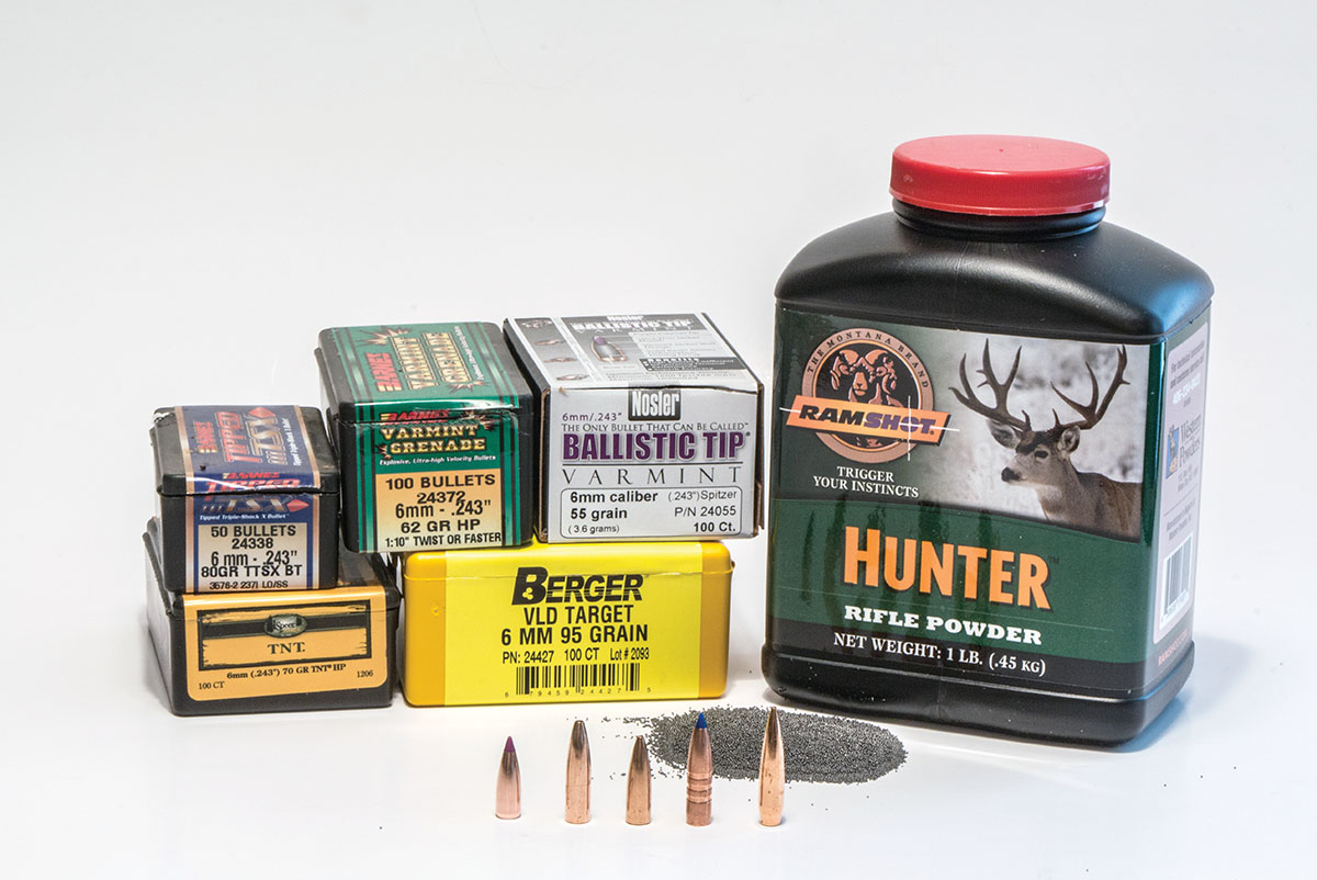 If loading for the 243 Winchester, Ramshot Hunter is a good powder choice that will often give good results with any bullet weight.